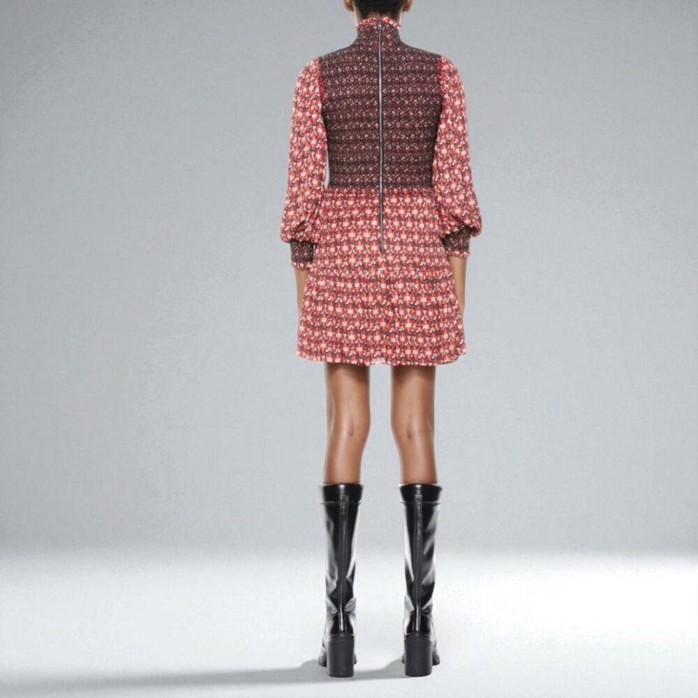 Alice + Olivia Elvira Smocked Mock Neck Mini Dress Size 10 - Picture 4 of 16